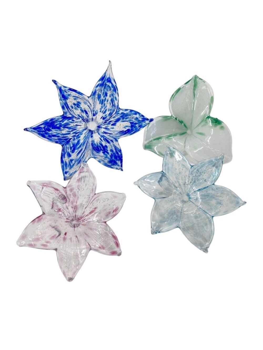 Set of 4 Vintage Murano Blown Glass Flowers Red Green Blue